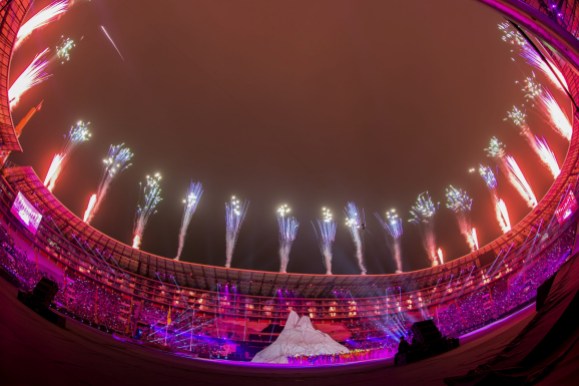 team-canada-lima-opening-ceremony fireworks above a large stadium