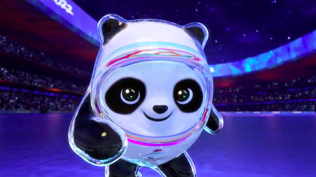 Bing Dwen Dwen, the mascot for Beijing 2022, a panda in a shiny "ice suit".