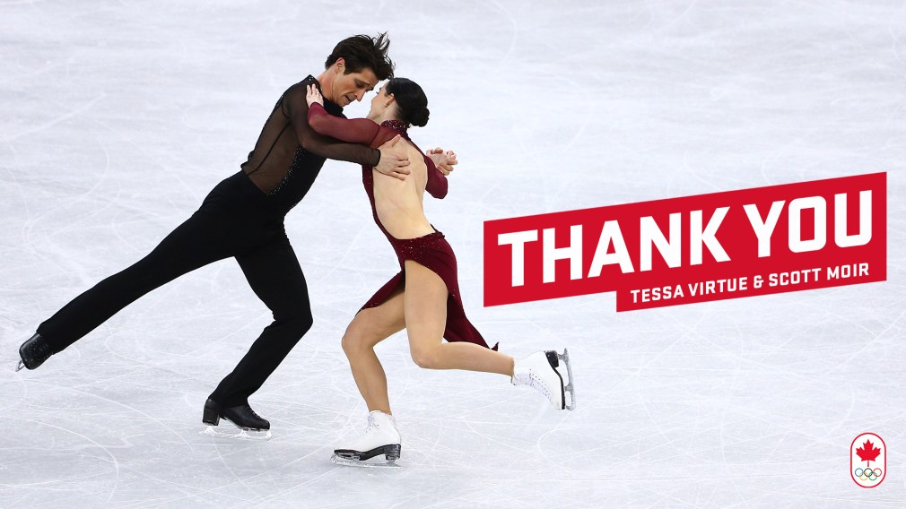 A photo Scott and Tessa performing their dance, with the words "Thank You Tessa Virtue and Scott Moir" on the right