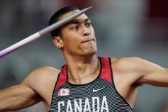 Pierce LePage looks focused as he's about to throw in the men's decathlon javelin in Doha.
