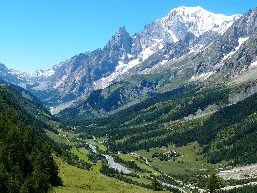 Scenic view of Mont Blanc mountains over greenery.