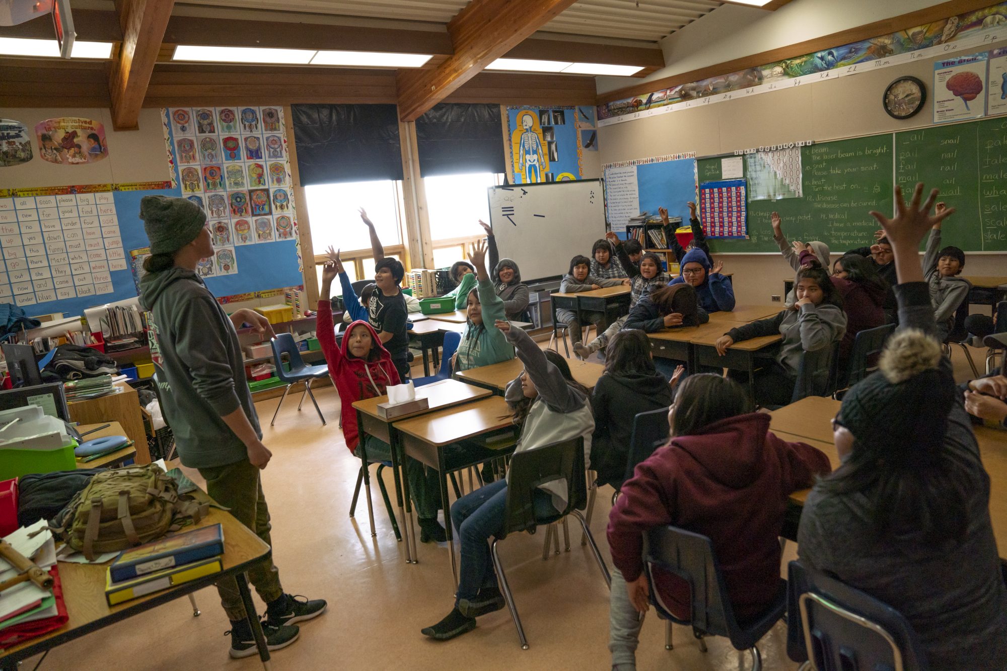 Mary Spencer speaks to a classroom of students in norther Ontario