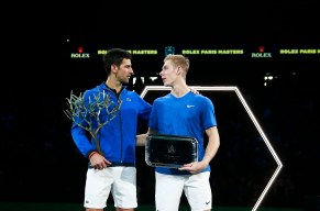 Novak Djokovic, left, poses with Denis Shapovalov