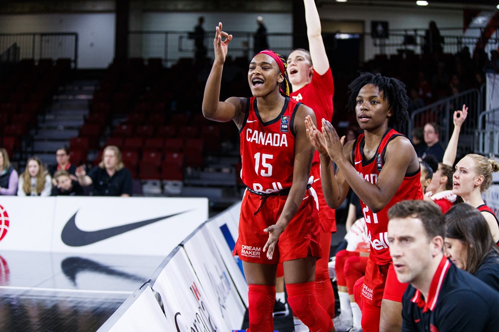 Basketball team cheering after a point