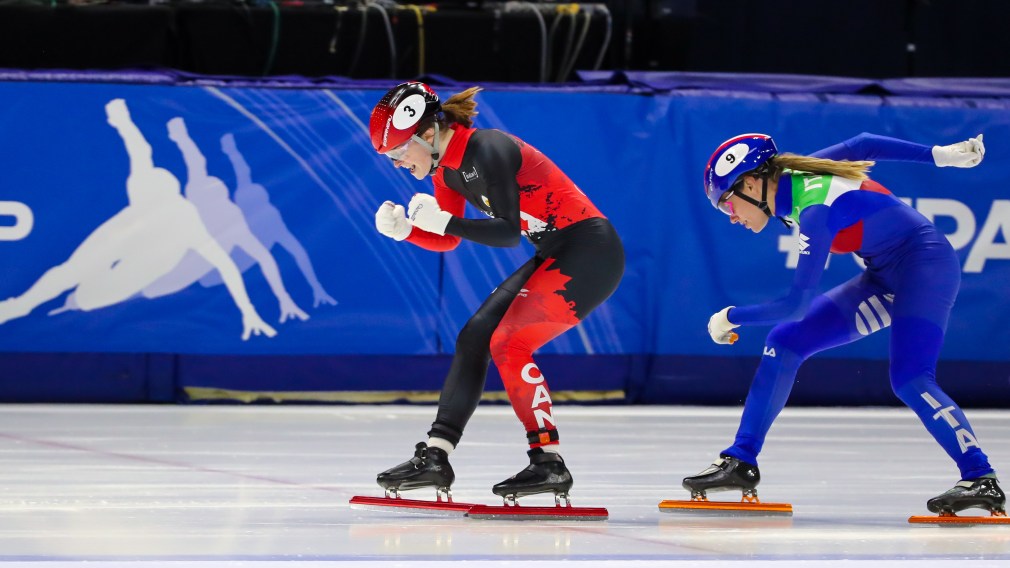 Kim Boutin wins gold in the 500m at the ISU Short Track World Cup in Montreal