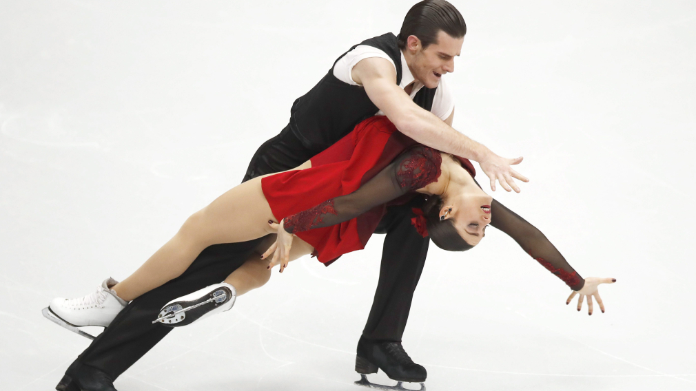 Laurence Fournier Beaudry and Nikolaj Sorensen perform in the pairs ice dance free dance event