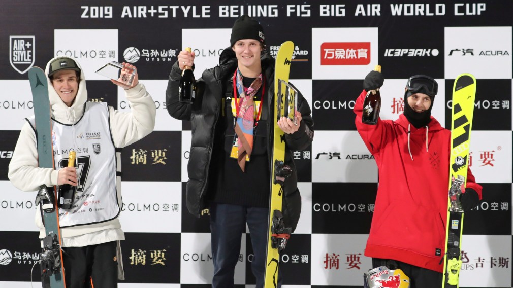 From left: Canada's Teal Harle, runner up, Norway's Birk Ruud, first and Sweden's Jesper Tjader, second runner-up celebrate at the podium