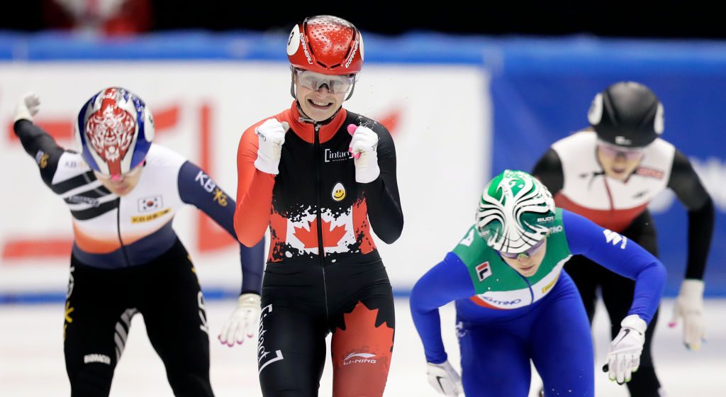 NAGOYA, JAPAN - DECEMBER 01: Kim Boutin (2nd L) of Canada celebrates as she wins the Ladies' 500m Final A during the ISU World Cup Short Track at the Nippon Gaishi Arena on December 01, 2019 in Nagoya, Japan. (Photo by Kiyoshi Ota - International Skating Union/International Skating Union via Getty Images)