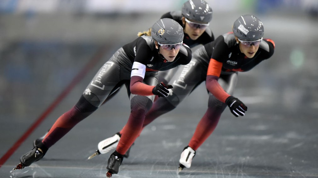 NAGANO, JAPAN - DECEMBER 15: Team Canada perform in the in the Women's Team Pursuit.