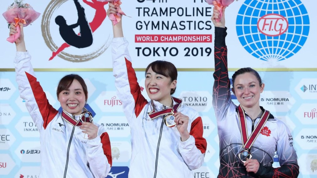 TOKYO, JPN (December 1, 2019) – Rosie MacLennan of King City, ON captured a bronze medal in women’s individual trampoline on Sunday to wrap-up the 2019 FIG Trampoline Gymnastics World Championships in Tokyo, JPN. (Photo from Gymnastics Canada).