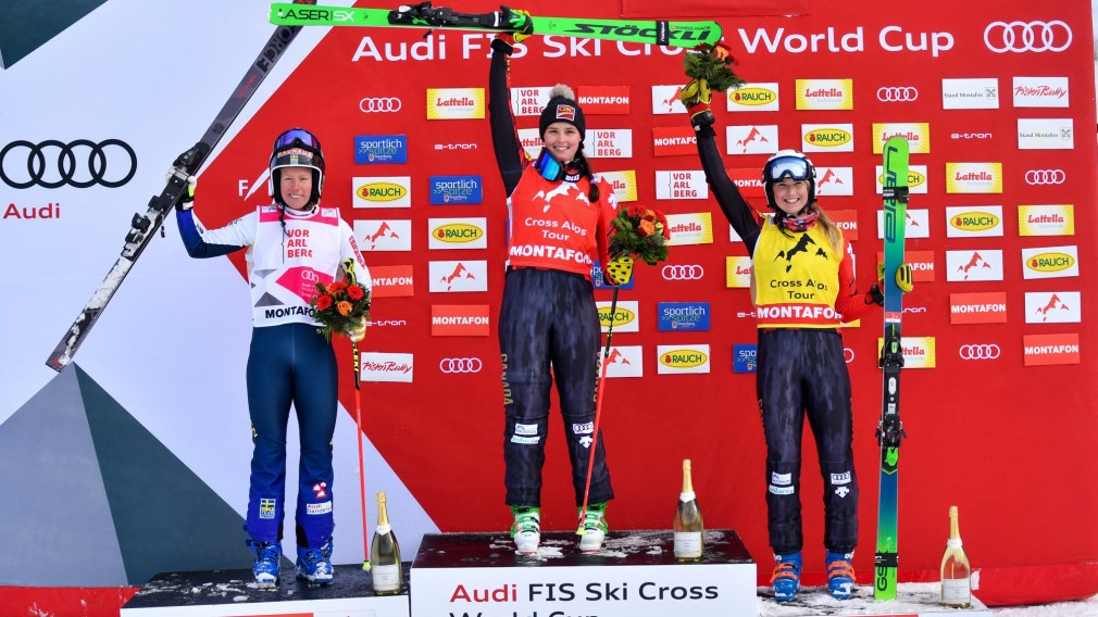 (L-R) Courtney Hoffos, Marielle Thompson, and Sandra Naeslund on the ski cross podium.