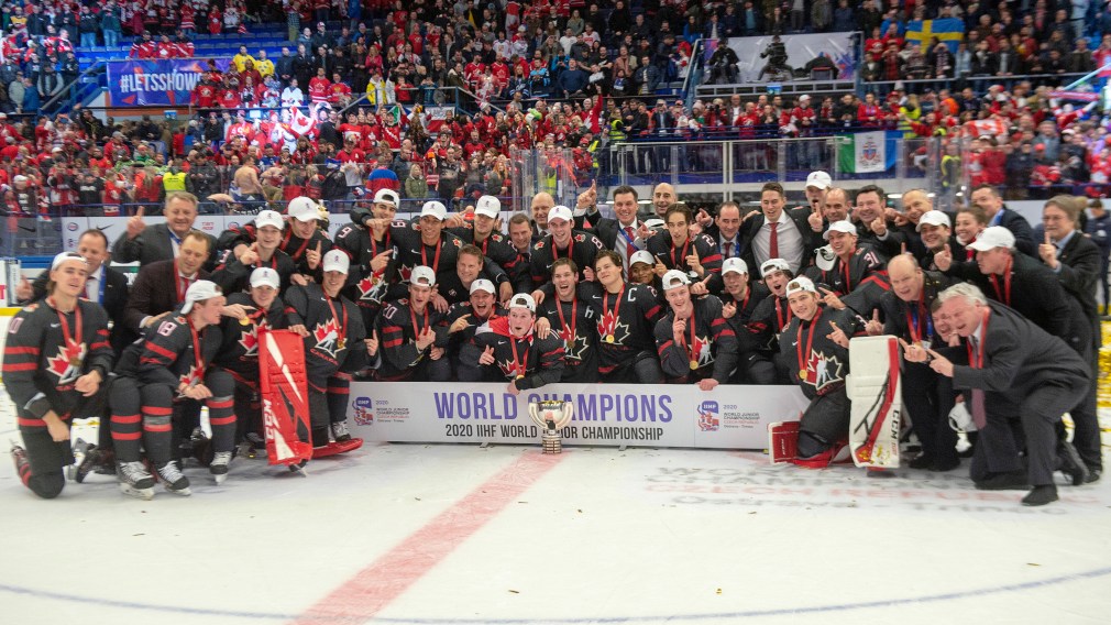 Team Canada celebrates after defeating Russia in the gold medal game at the World Junior Hockey Championships, Sunday, January 5, 2020 in Ostrava, Czech Republic. THE CANADIAN PRESS/Ryan Remiorz
