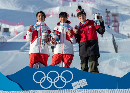 Aoto Kawakami JPN (left, Silver medal), Ryoma Kimata JPN (centre, Gold medal) and Liam Brearley CAN (right, Bronze medal) at the Medal Ceremony for the Snowboarding Men’s Big Air at Leysin Park. The Winter Youth Olympic Games, Lausanne, Switzerland, Wednesday 22 January 2020. Photo: OIS/Ben Queenborough. Handout image supplied by OIS/IOC.