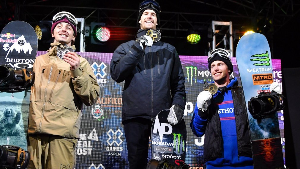 Max Parrot and Mark McMorris stand on the X Games podium