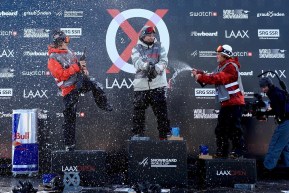 The men's snowboard slopestyle podium celebrates at the 2020 Laax Open World Cup.