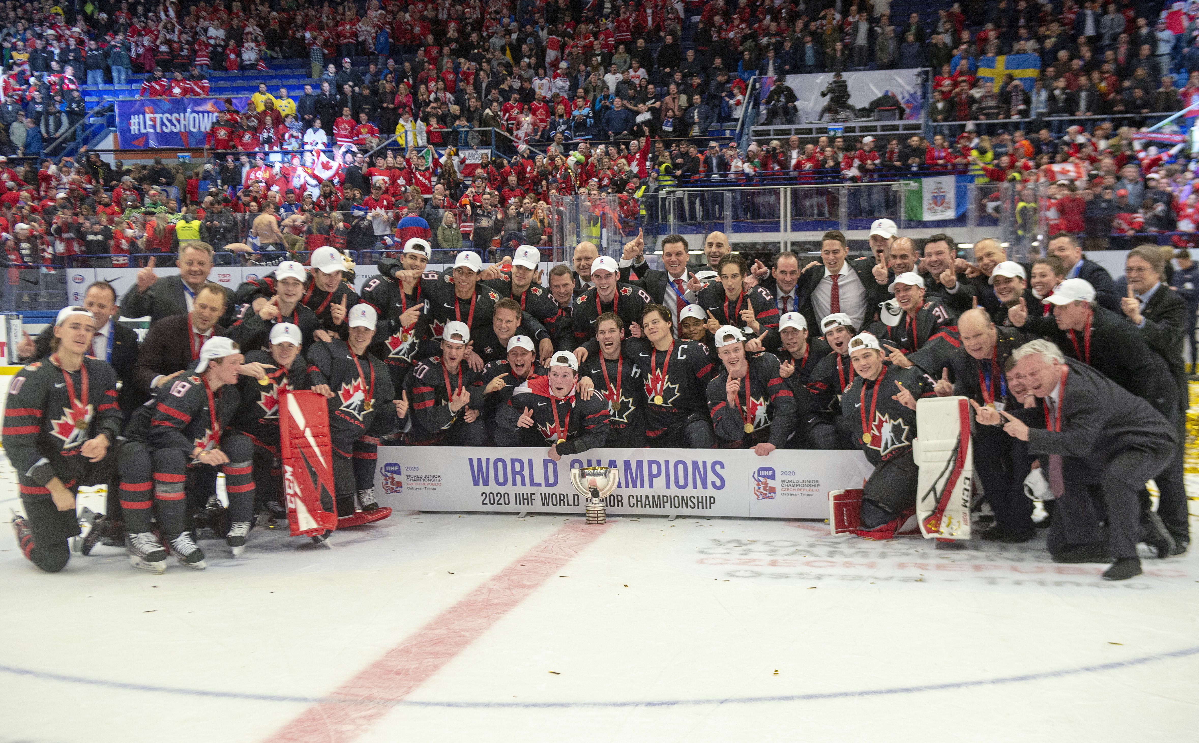 Team Canada celebrates after defeating Russia in the gold medal game at the World Junior Hockey Championships, Sunday, January 5, 2020 in Ostrava, Czech Republic. THE CANADIAN PRESS/Ryan Remiorz