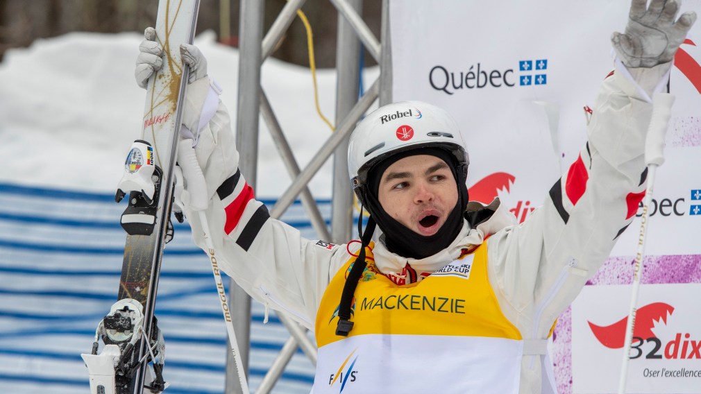 Mikael Kingsbury, of Deux-Montagnes, Que. reacts to his score at the freestyle world cup moguls event Saturday, January 25, 2020 at Mont-Tremblant Quebec. Kingsbury won the event. THE CANADIAN PRESS/Jacques Boissinot