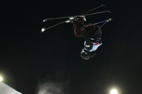 Rachael Karker, of Canada, is shown during a run in the finals women's skiing halfpipe event at a World Cup freestyle event
