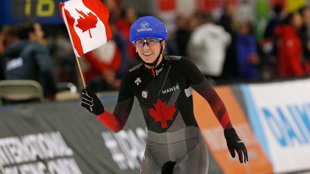Canada's Ivanie Blondin celebrates after competing in the women's mass start