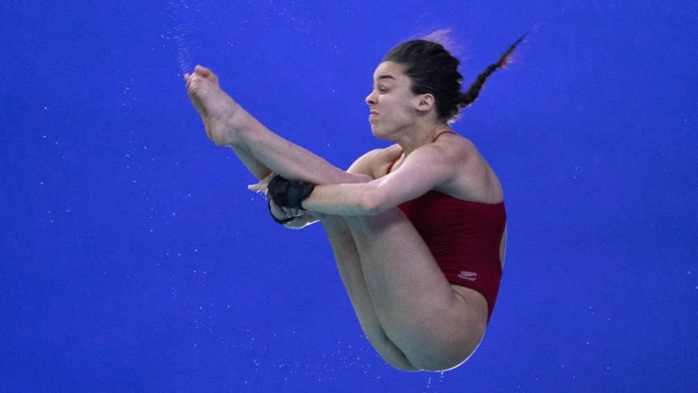 Canada's Meaghan Benfeito performs a dive in the women 10 metre platform at the FINA Diving World Series in Montreal on Saturday, February 29, 2020. THE CANADIAN PRESS/Paul Chiasson