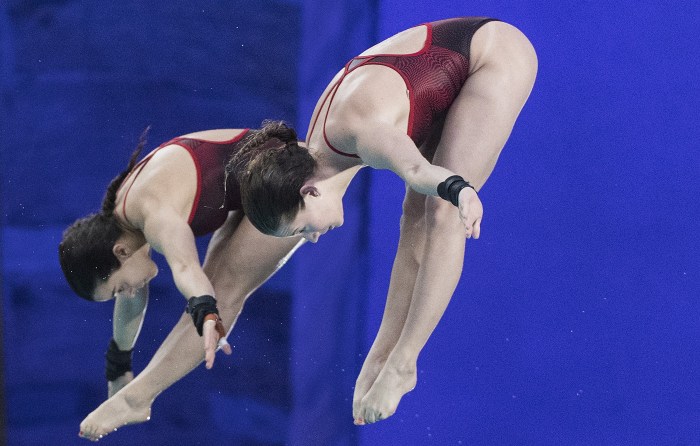 Meaghan Benfeito and Caeli McKay perform their synchro dive at the 2020 FINA World Series in Montreal
