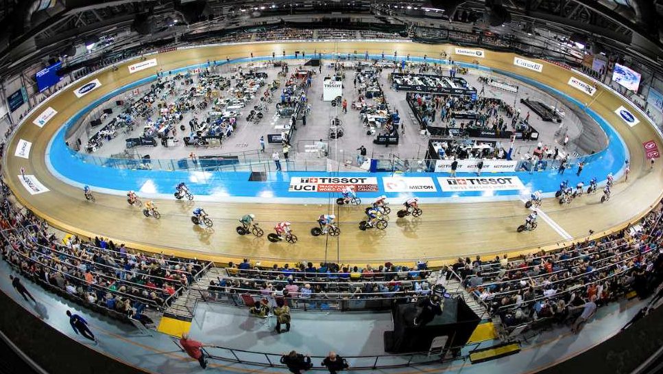 MILTON, Ontario - Jan 26, 2020 : Cyclists compete in the Men's Madison competition during the 2020 Tissot UCI Track World Cup.