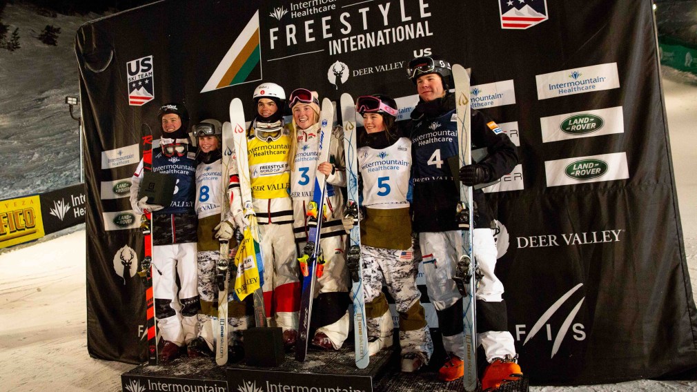 Medallists from Saturday's dual mogul event at the Deer Valley World Cup stand on the podium together