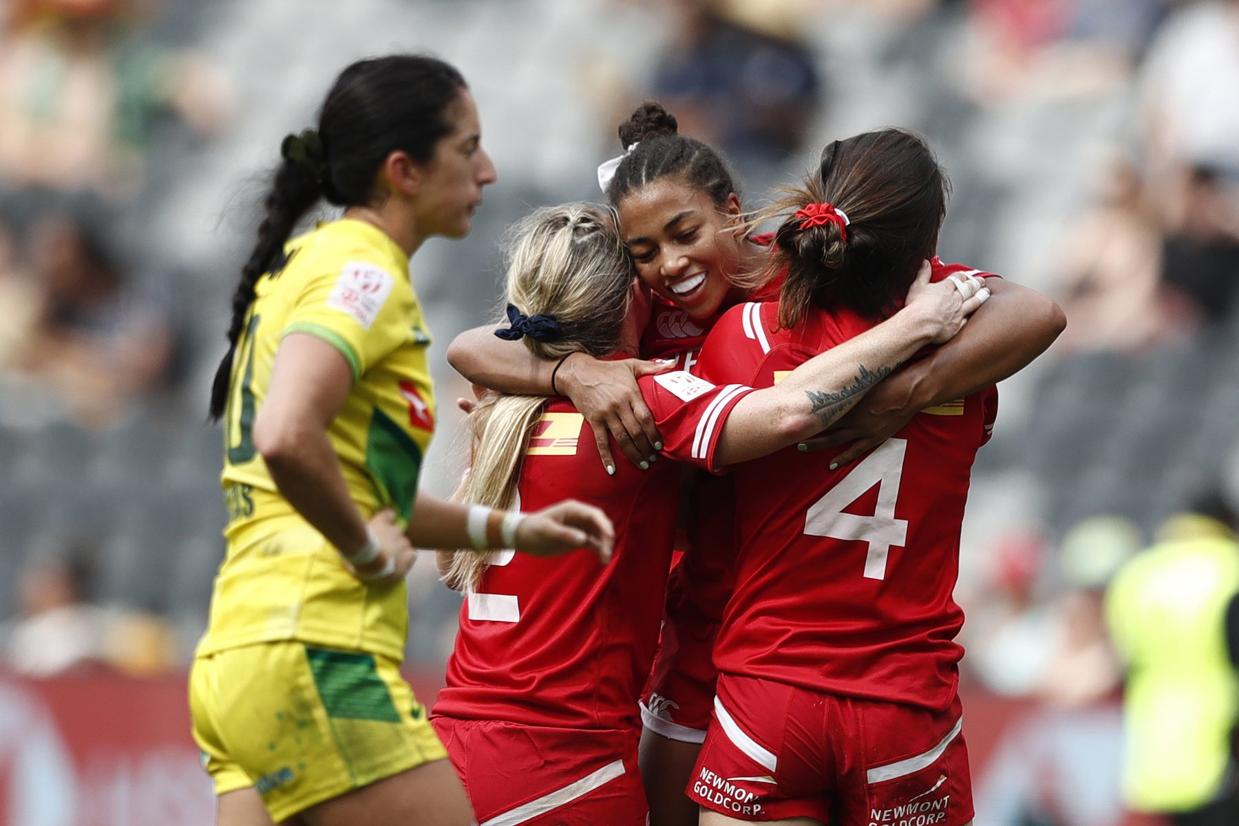 Canada players celebrate the Cup Semi Final win over Australia on day two of the HSBC Sydney Sevens 2020 women's competition at Bankwest Stadium on 2 February, 2020 in Sydney, Australia. Photo credit: Mike Lee - KLC fotos for World Rugby