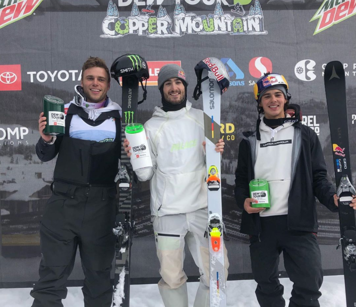 Noah Bowman poses on the podium after winning the men's ski superpipe final on the Dew Tour