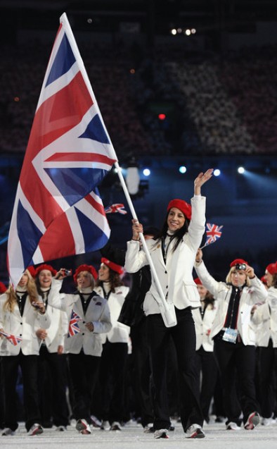 Shelley Rudman of Great Britain and Northern Ireland carries her national flag into the stadium during the Opening Ceremony of the 2010 Vancouver Winter Olympics at BC Place on February 12, 2010 in Vancouver, Canada.
