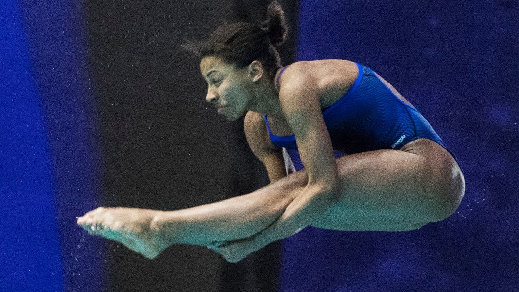 Jennifer Abel of Canada performs a dive during the women's 3-metre springboard final at the FINA Diving World Series in Montreal, Sunday, March 1, 2020. THE CANADIAN PRESS/Graham Hughes