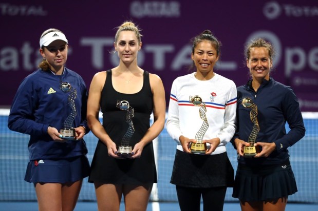 Team Canada Qatar Open Gaby Dabrowski Gaby Dabrowski (second from left) and Jelena Ostapenko pose for a photo with Qatar Open winners Hsieh Su-wei and Barbora Strycova.