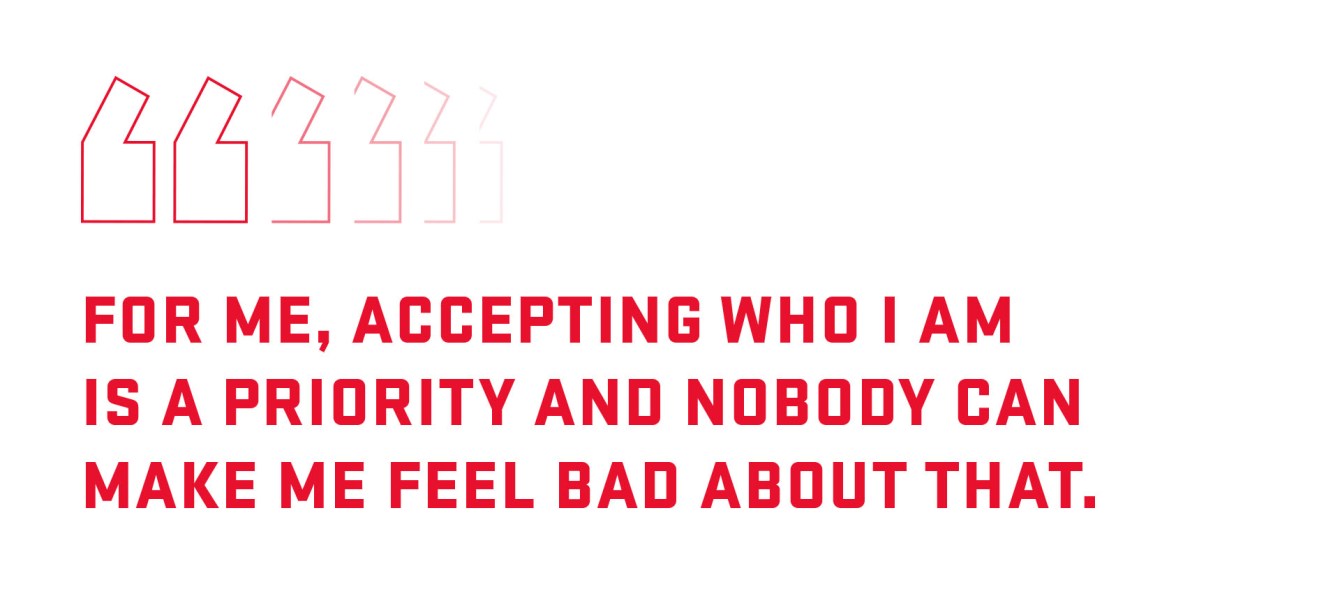 Quote graphic: for me, accepting who i am is a priority and nobody can make me feel bad about that.
