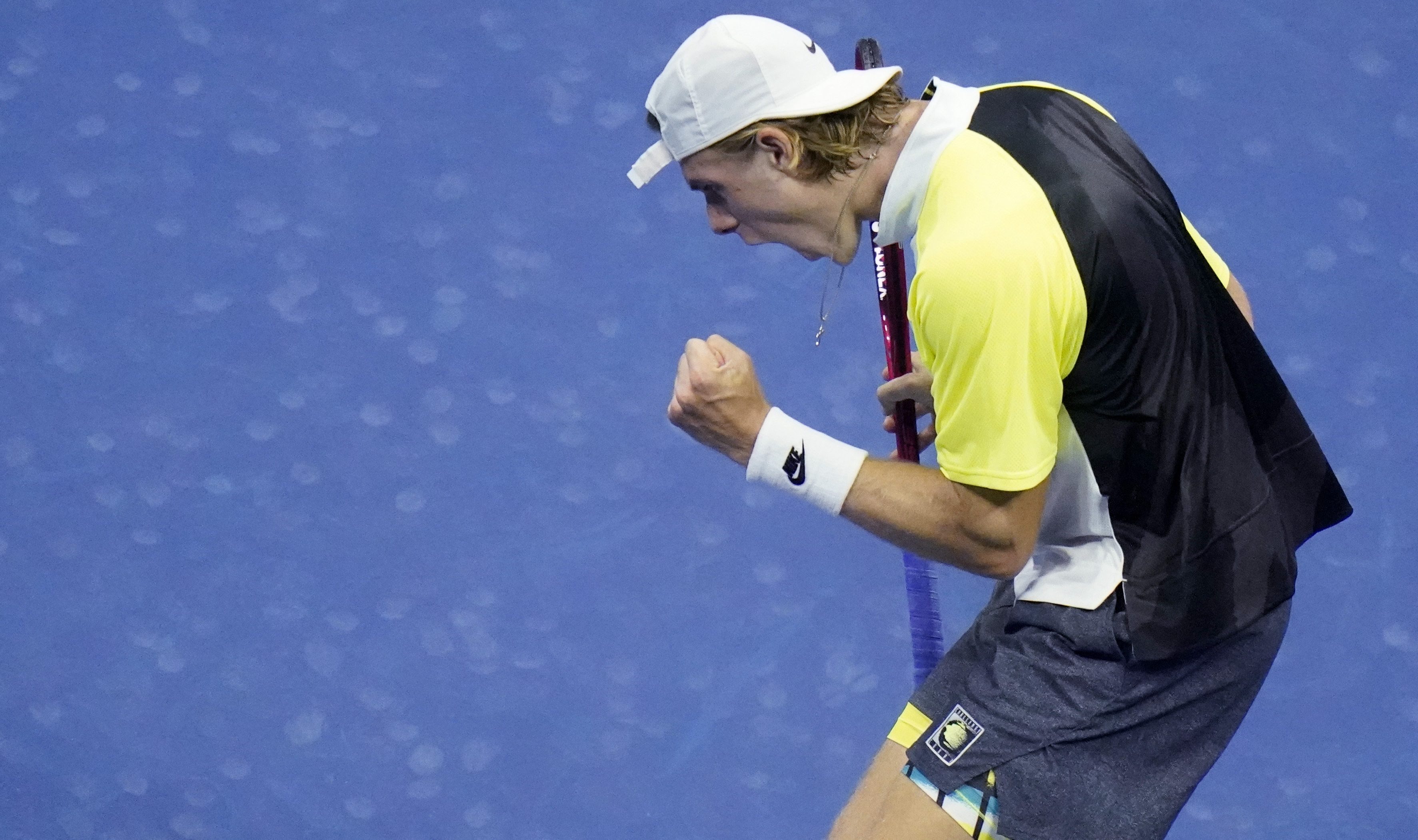 Denis Shapovalov, of Canada, reacts after winning a point against Pablo Carreno Busta, of Spain, during the quarterfinal round of the US Open tennis championships, Tuesday, Sept. 8, 2020, in New York.