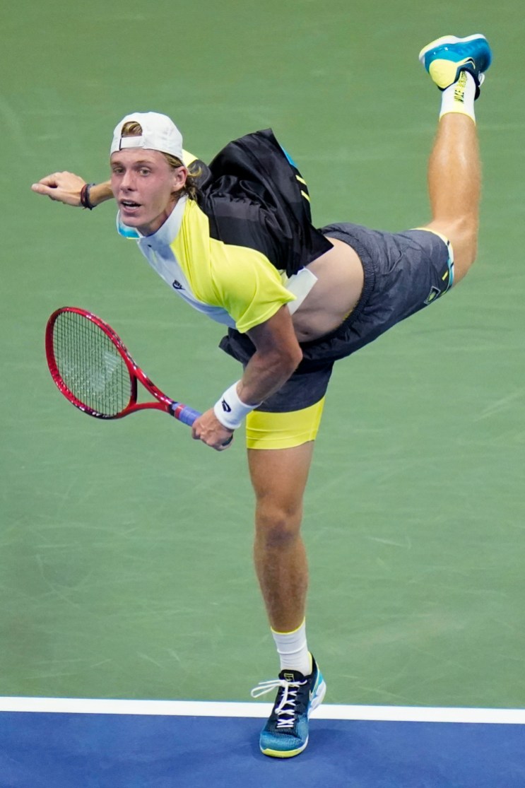 US Open Tennis Denis Shapovalov, of Canada, serves to Pablo Carreno Busta, of Spain, during the quarterfinal round of the US Open tennis championships, Tuesday, Sept. 8, 2020, in New York. (AP Photo/Frank Franklin II)