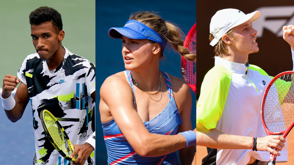 A collage of (L-R) Felix Auger-Aliassime, Genie Bouchard and Denis Shapovalov playing tennis.