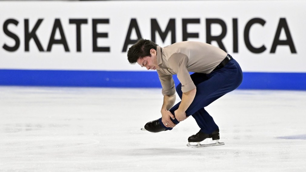 Keegan Messing, of Canada, competes during men's short program in the International Skating Union Grand Prix of Figure Skating Series, Friday, Oct. 23, 2020, in Las Vegas. (AP Photo/David Becker)