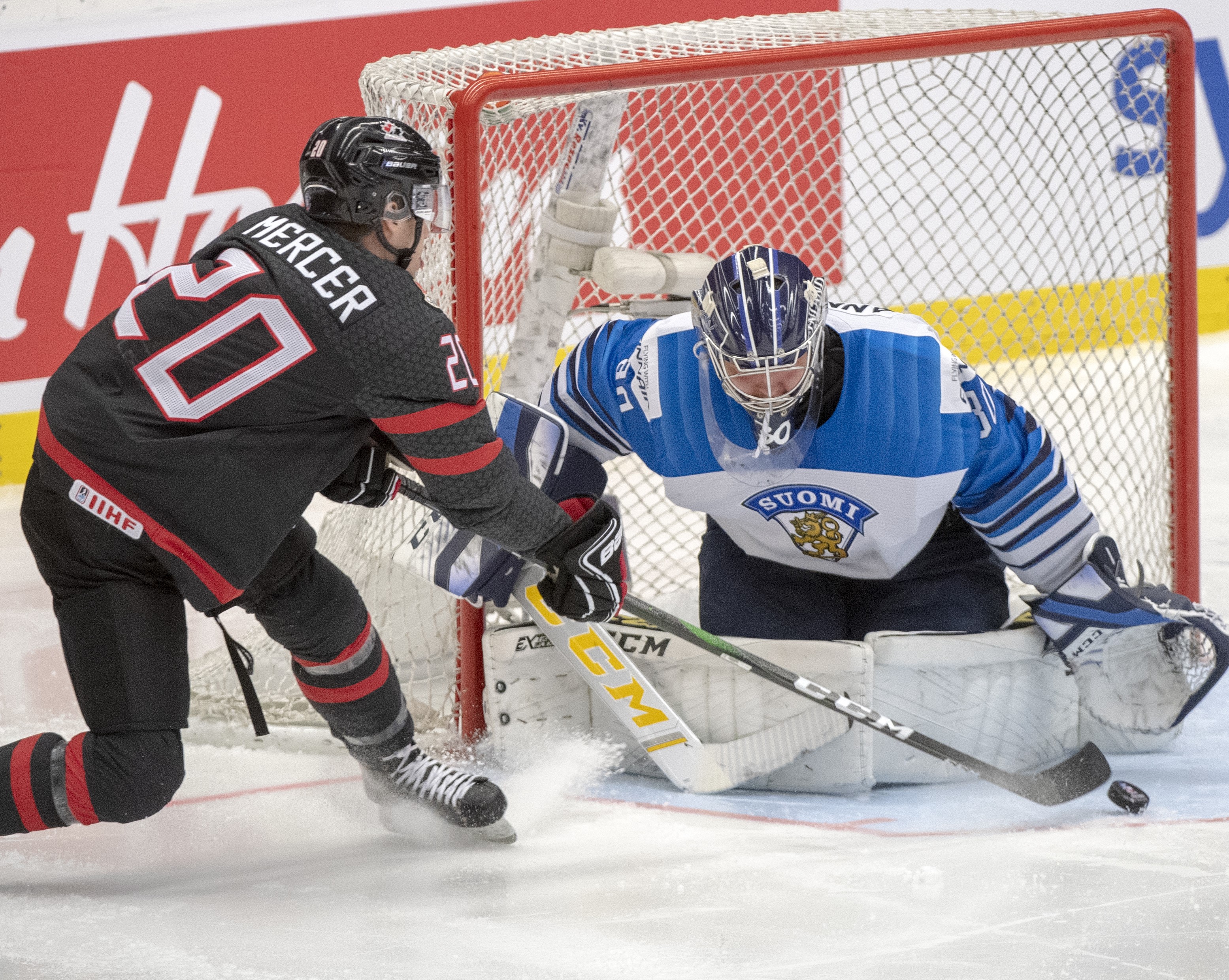 Canada's Dawson Mercer is stopped by Finland goaltender Justus Annunen during second period semifinal action at the World Junior Hockey Championships on Saturday, January 4, 2020 in Ostrava, Czech Republic. THE CANADIAN PRESS/Ryan Remiorz