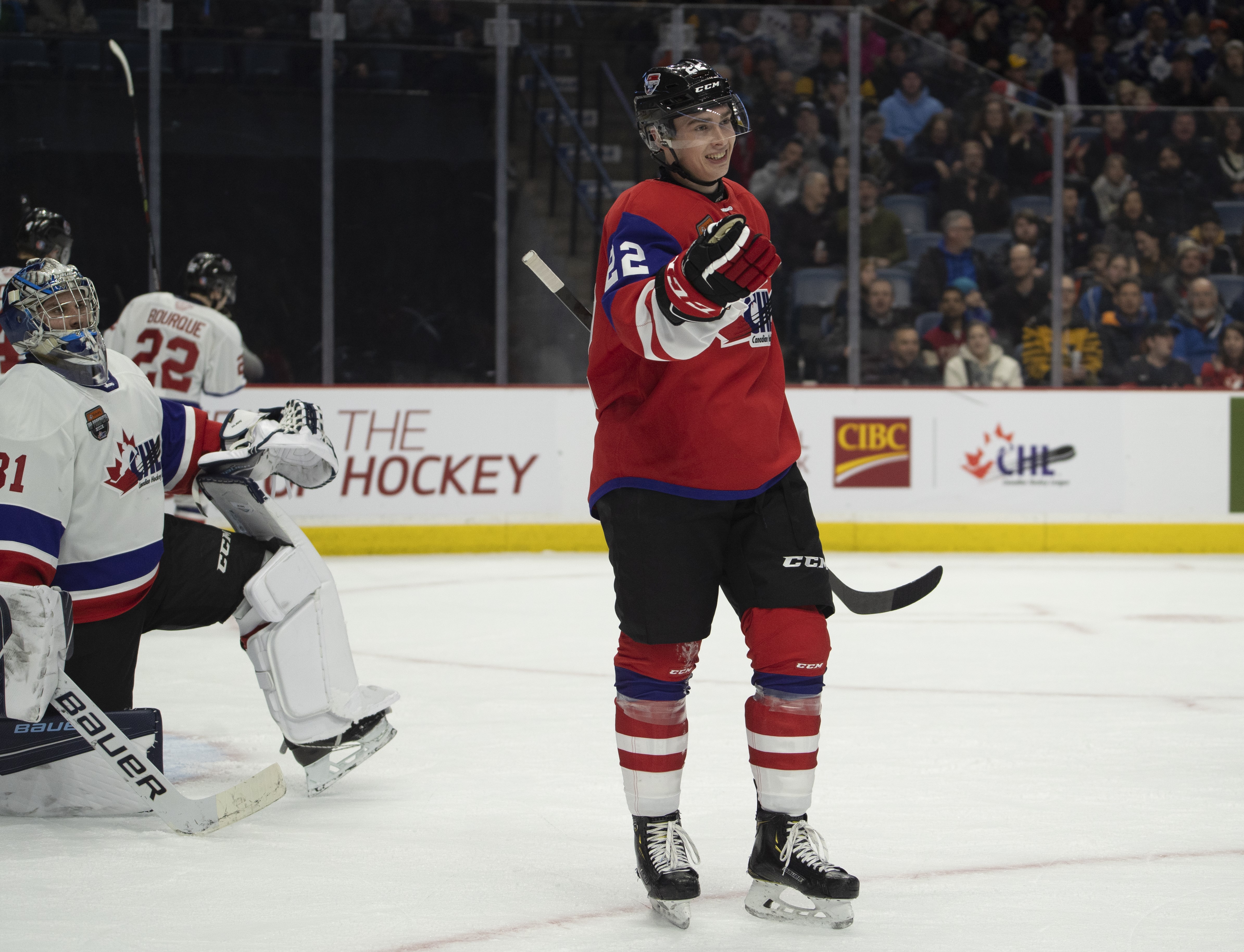 Team Red right winger Jack Quinn (22) celebrates his goal during first period action of the CHL Top Prospects Game in Hamilton, Ont. on Thursday, January 16, 2020. THE CANADIAN PRESS/Peter Power