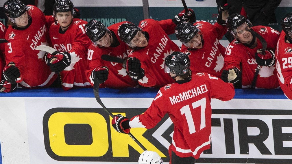 Canada's Connor McMichael (17) celebrates his goal with teammates against Russia during first period IIHF World Junior Hockey Championship action in Edmonton on Monday, January 4, 2021. THE CANADIAN PRESS/Jason Franson