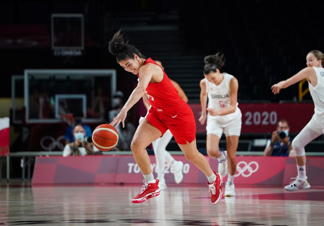 Kia Nurse #5 of Team Canada plays the ball against Serbia during the preliminary round during the Tokyo 2020 Olympic Games on Monday, July 26, 2021. Photo by Leah Hennel/COC 