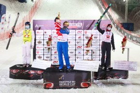 Marion Thenault (right) on the World Cup podium.