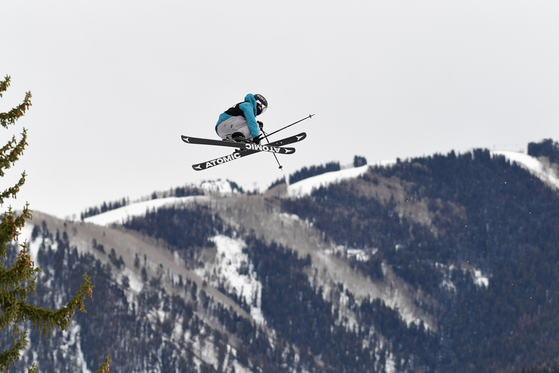 Megan Oldham mid-air during a run for the women's ski big air competition at the X Games.