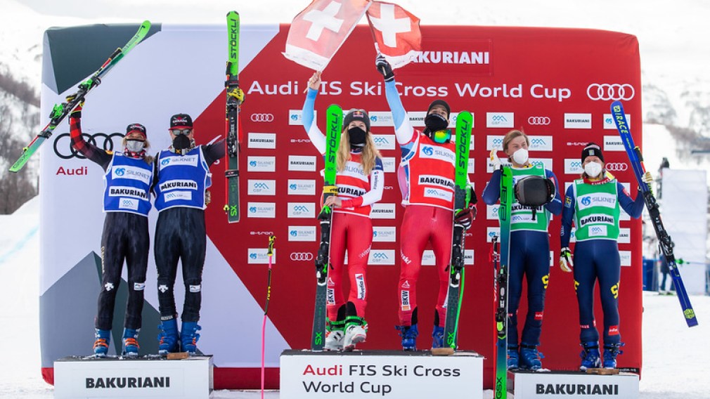 FIS World Cup, Ski Cross, ladies, men, award ceremony. Image shows the rejoicing of Courtney Hoffos, Christopher Delbosco (CAN), Fanny Smith, Jonas Lenherr (SUI), David Mobaerg and Sandra Naeslund (SWE)