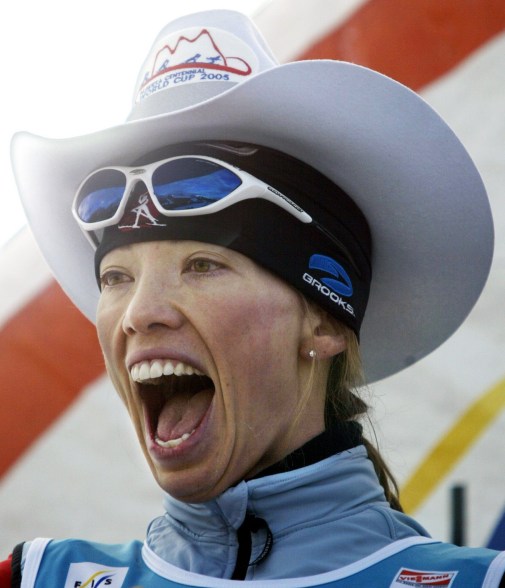 Beckie Scott, of Vermilion, Alta., wears a cowboy hat on the podium after placing second in the women's 10 km event at World Cup cross country skiing, in Canmore, Alta., Thursday, Dec. 15, 2005.(CP PHOTO/Jeff McIntosh)