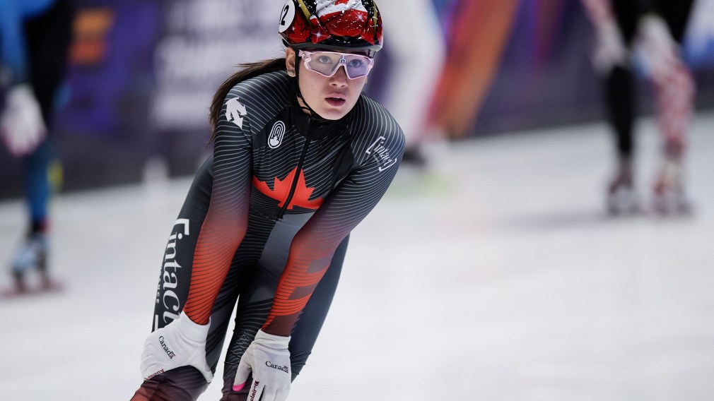 Short track speed skater Courtney Sarault after competing in the Netherlands on march 7, 2021
