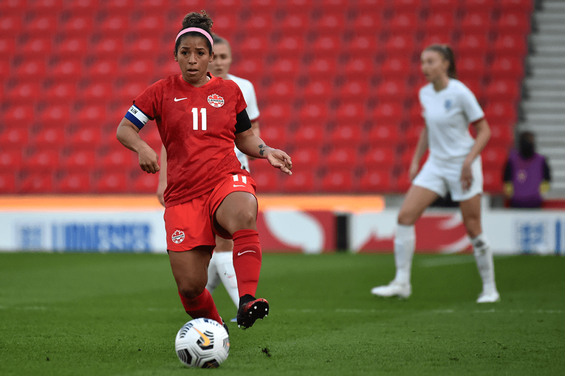 Soccer player controls ball during game