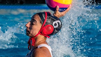 Water polo player ready to throw ball