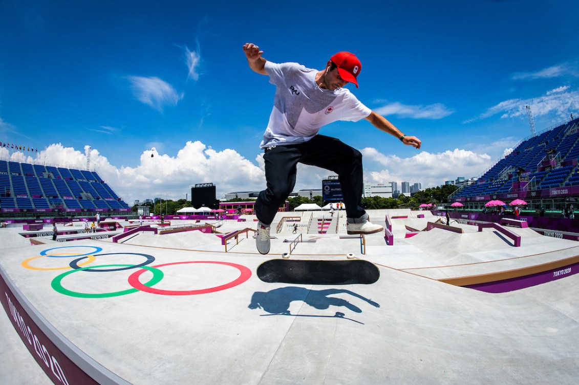 Canadian skateboarder Matt Berger trains in at the Ariake Urban Sports Park during the Tokyo 2020 Olympic Games on July 23, 2021. 