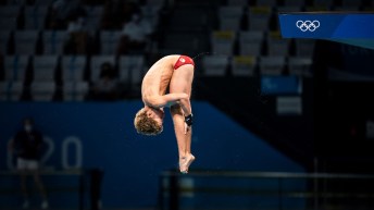 Rylan Wiens performs a dive in pike position